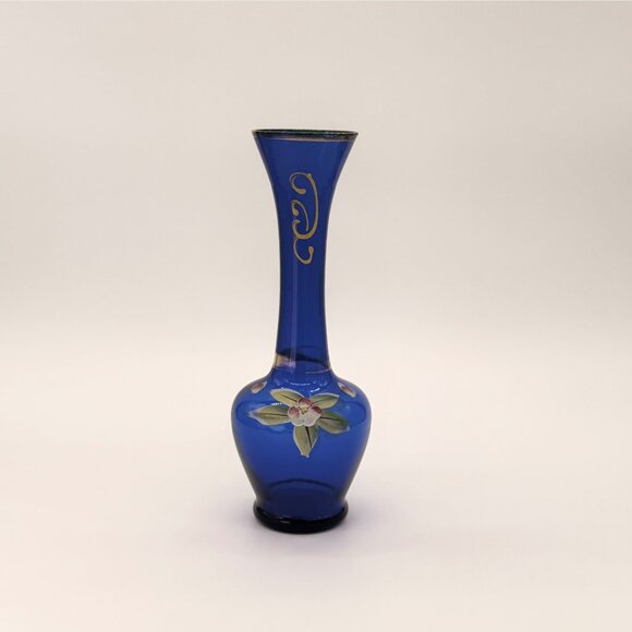 Vintage Bohemian Cobalt Blue Bud Vase Gold Gilt, Hand Painted 8" tall - Picture 4 of 11